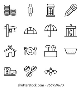 Thin line icon set : coin stack, smart watch, building, pencil, tower crane, greenhouse, dry cargo, detector, bungalow, cafe, repair tools, colander, food processor, coffee seeds