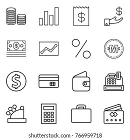 Thin line icon set : coin stack, graph, receipt, investment, money, statistics, percent, crypto currency, dollar, credit card, wallet, cashbox, calculator, suitcase