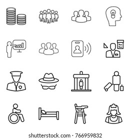 Thin line icon set : coin stack, team, group, bulb head, presentation, pass card, architector, security man, confidential, detector, passenger, invalid, bed, Chair for babies, cleaner
