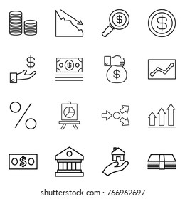 Thin line icon set : coin stack, crisis, dollar magnifier, investment, money, gift, statistics, percent, presentation, core splitting, graph up, library, real estate