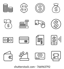 Thin line icon set : coin stack, dollar, money bag, gift, cashbox, hand, credit card, account balance, mobile pay, wallet, atm