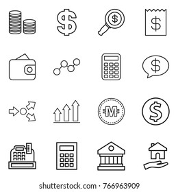 Thin line icon set : coin stack, dollar, magnifier, receipt, wallet, graph, calculator, money message, core splitting, up, crypto currency, cashbox, library, housing
