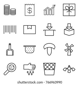 Thin line icon set : coin stack, receipt, diagram, gift, bar code, package box, scoop, colander, mushroom, windmill, viruses, sow, trash bin, hard reach place cleaning