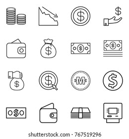 Thin line icon set : coin stack, crisis, dollar, investment, wallet, money bag, gift, arrow, crypto currency, atm