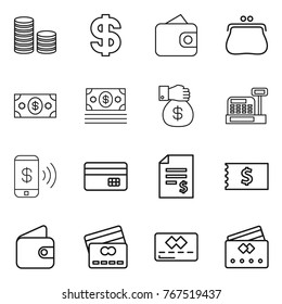 Thin line icon set : coin stack, dollar, wallet, purse, money, gift, cashbox, phone pay, credit card, account balance, receipt