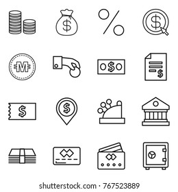 Thin line icon set : coin stack, money bag, percent, dollar arrow, crypto currency, hand, account balance, receipt, pin, cashbox, library, credit card, safe