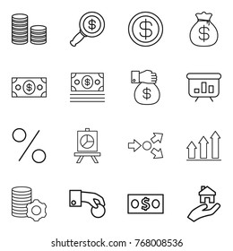 Thin line icon set : coin stack, dollar magnifier, money bag, gift, presentation, percent, core splitting, graph up, virtual mining, hand, real estate