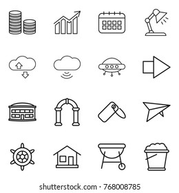 Thin line icon set : coin stack, diagram, calendar, table lamp, cloude service, cloud wireless, ufo, right arrow, airport building, arch, label, deltaplane, handwheel, home, bbq, foam bucket