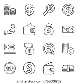 Thin line icon set : coin stack, dollar, magnifier, investment, wallet, money bag, gift, arrow, virtual mining, crypto currency