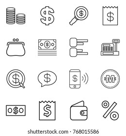 Thin line icon set : coin stack, dollar, magnifier, receipt, purse, money, diagram, cashbox, arrow, message, phone pay, crypto currency, wallet, percent
