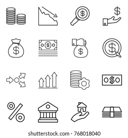 Thin line icon set : coin stack, crisis, dollar magnifier, investment, money bag, gift, arrow, core splitting, graph up, virtual mining, percent, library, real estate