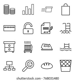 Thin line icon set : coin stack, graph, delivery, shopping bag, bunker, unlock, inventory, pool, nightstand, radiator, iron, hierarchy, viruses, bread, trash bin