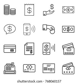 Thin line icon set : coin stack, receipt, investment, money, message, phone pay, hand, credit card, account balance, mobile, cashbox, invoice