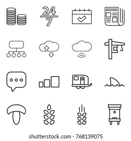 Thin line icon set : coin stack, 24 7, calendar, newspaper, structure, cloude service, cloud wireless, tower crane, sms, sorting, trailer, shark flipper, mushroom, spikelets, hive