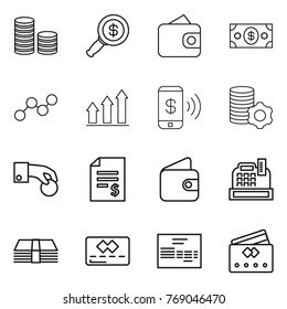 Thin line icon set : coin stack, dollar magnifier, wallet, money, graph, up, phone pay, virtual mining, hand, account balance, cashbox, credit card, invoice