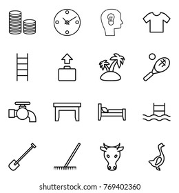 Thin line icon set : coin stack, clock, bulb head, t shirt, stairs, baggage, island, tennis, water tap, table, bed, pool, shovel, rake, cow, goose