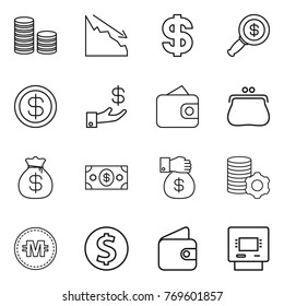 Thin line icon set : coin stack, crisis, dollar, magnifier, investment, wallet, purse, money bag, gift, virtual mining, crypto currency, atm