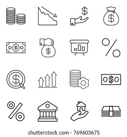 Thin line icon set : coin stack, crisis, investment, money bag, gift, presentation, percent, dollar arrow, graph up, virtual mining, library, real estate