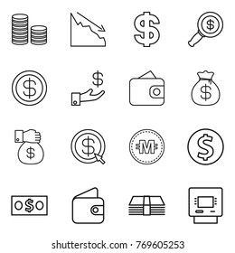 Thin line icon set : coin stack, crisis, dollar, magnifier, investment, wallet, money bag, gift, arrow, crypto currency, atm