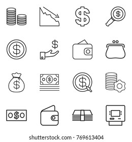 Thin line icon set : coin stack, crisis, dollar, magnifier, investment, wallet, purse, money bag, arrow, virtual mining, atm