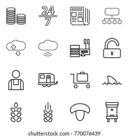 Thin line icon set : coin stack, 24 7, newspaper, structure, cloude service, cloud wireless, mall, unlock, workman, trailer, baggage trolley, shark flipper, spikelets, mushroom, hive