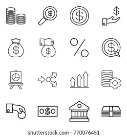 Thin line icon set : coin stack, dollar magnifier, investment, money bag, gift, percent, arrow, presentation, core splitting, graph up, virtual mining, hand, library