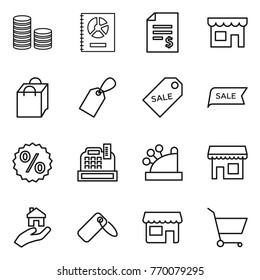 Thin line icon set : coin stack, annual report, account balance, shop, shopping bag, label, sale, percent, cashbox, real estate, cart