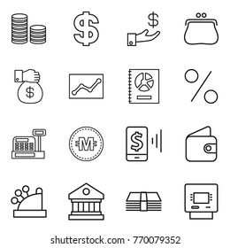 Thin line icon set : coin stack, dollar, investment, purse, money gift, statistics, annual report, percent, cashbox, crypto currency, mobile pay, wallet, library, atm