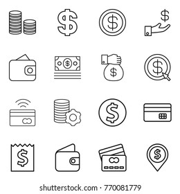 Thin line icon set : coin stack, dollar, investment, wallet, money, gift, arrow, tap to pay, virtual mining, credit card, receipt, pin