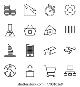 Thin line icon set : coin stack, crisis, stopwatch, gear, flask, delete cart, sale, bar code, skyscraper, warehouse, plane, earth, baggage, hierarchy
