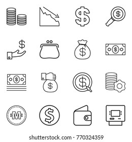 Thin line icon set : coin stack, crisis, dollar, magnifier, investment, purse, money bag, gift, arrow, virtual mining, crypto currency, wallet, atm