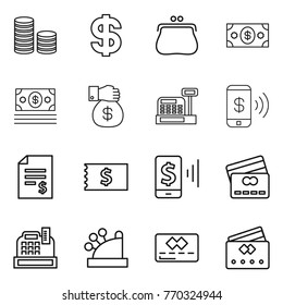 Thin line icon set : coin stack, dollar, purse, money, gift, cashbox, phone pay, account balance, receipt, mobile, credit card