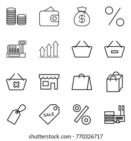 Thin line icon set : coin stack, wallet, money bag, percent, cashbox, graph up, basket, remove from, delete cart, shop, shopping, label, sale, mall