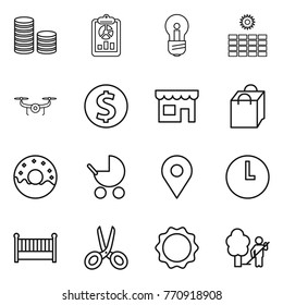 Thin line icon set : coin stack, report, bulb, sun power, drone, dollar, shop, shopping bag, donut, baby stroller, geo pin, clock, crib, scissors, induction oven, garden cleaning