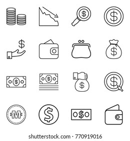 Thin line icon set : coin stack, crisis, dollar magnifier, investment, wallet, purse, money bag, gift, arrow, crypto currency