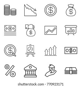 Thin line icon set : coin stack, crisis, dollar, money bag, gift, statistics, presentation, arrow, graph up, percent, library, real estate