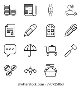 Thin line icon set : coin stack, newspaper, smart watch, electric car, account balance, pencil, arch window, sms, dry cargo, baggage trolley, meat hammer, coffee seeds, hard reach place cleaning