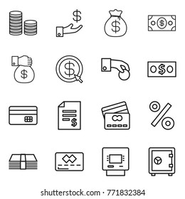 Thin line icon set : coin stack, investment, money bag, gift, dollar arrow, hand, credit card, account balance, percent, atm, safe