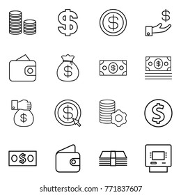Thin line icon set : coin stack, dollar, investment, wallet, money bag, gift, arrow, virtual mining, atm