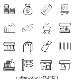 Thin line icon set : coin stack, money bag, sale, presentation, graph up, down arrow, add to cart, market scales, shopping, label, bar code, cashbox, store signboard, shop
