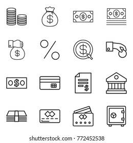 Thin line icon set : coin stack, money bag, gift, percent, dollar arrow, hand, credit card, account balance, library, safe