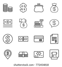 Thin line icon set : coin stack, dollar, purse, money bag, gift, cashbox, message, credit card, account balance, pin, atm
