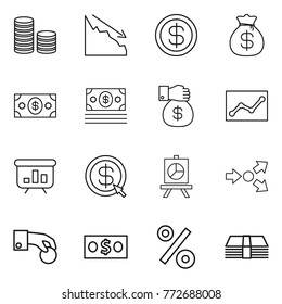 Thin line icon set : coin stack, crisis, dollar, money bag, gift, statistics, presentation, arrow, core splitting, hand, percent