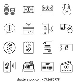 Thin line icon set : coin stack, money, gift, message, tap to pay, phone, hand, dollar, receipt, account balance, mobile, cashbox, invoice, credit card