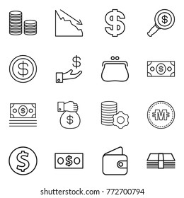 Thin line icon set : coin stack, crisis, dollar, magnifier, investment, purse, money, gift, virtual mining, crypto currency, wallet