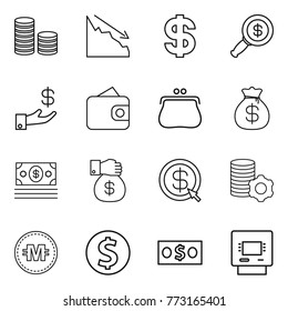 Thin line icon set : coin stack, crisis, dollar, magnifier, investment, wallet, purse, money bag, gift, arrow, virtual mining, crypto currency, atm