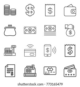 Thin line icon set : coin stack, dollar, receipt, wallet, purse, money, gift, cashbox, tap to pay, phone, account balance, credit card