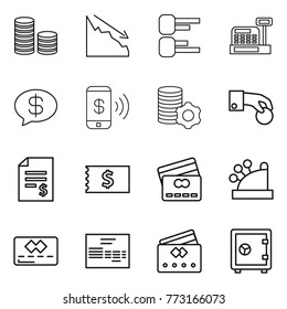 Thin line icon set : coin stack, crisis, diagram, cashbox, money message, phone pay, virtual mining, hand, account balance, receipt, credit card, invoice, safe