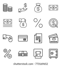 Thin line icon set : coin stack, investment, money bag, gift, percent, dollar arrow, hand, credit card, account balance, atm, safe
