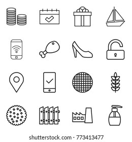 Thin line icon set : coin stack, calendar, gift, boat, phone wireless, chicken leg, shoes, unlock, geo pin, mobile checking, sieve, spikelets, cookies, fence, factory, liquid soap